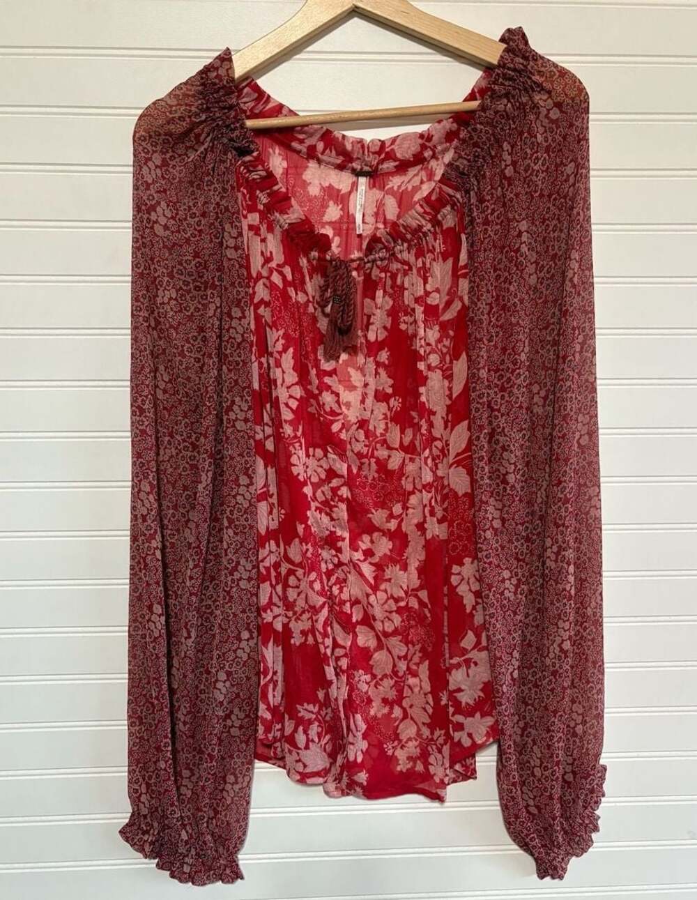 Free People Hendrix Floral Sheer Long Sleeve Blouse Red Size S